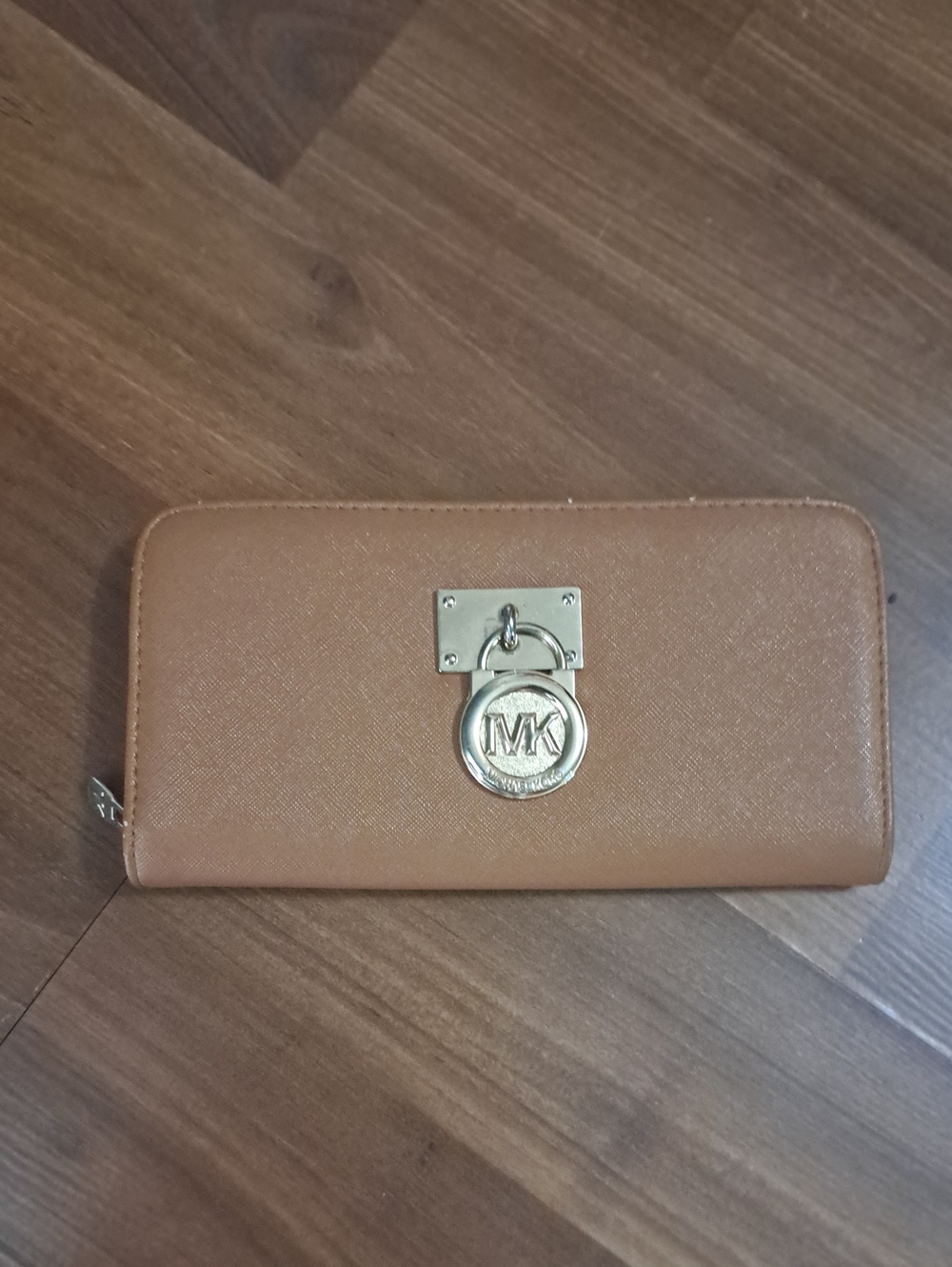 Michael Kors Cognac Zip-Around Wallet with Gold MK Pendant